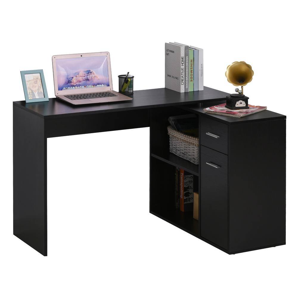 HOMCOM 46 in. L-Shaped Black Writing Computer Desk with Storage Shelves and Cabinet 836-073V80BK