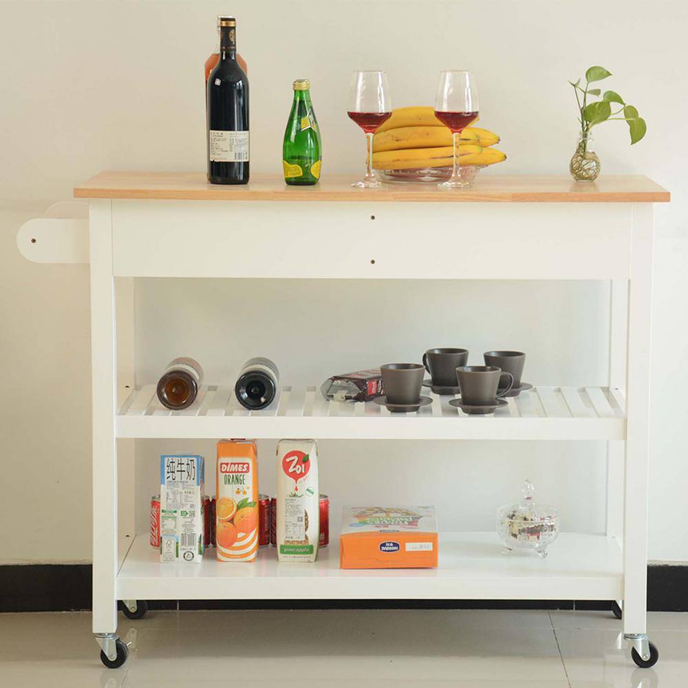 45 in. W White Wood Kitchen Island with 2-Lockable Wheels for Easy Storing and Fetching BF1663C475