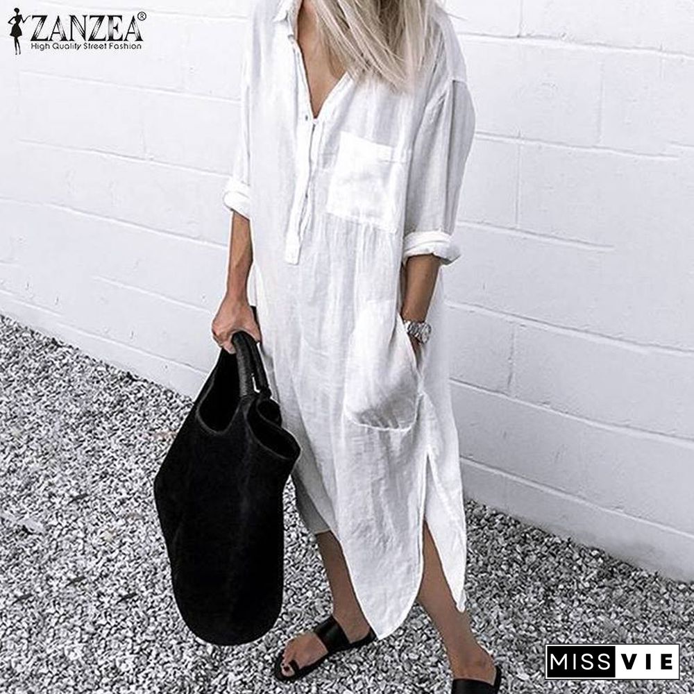 ZANZEA Elegant Women Spring Lapel Neck Long Sleeve Cotton Linen Dress Solid Sundress Long Shirt Dress Baggy Split Hem Vestido