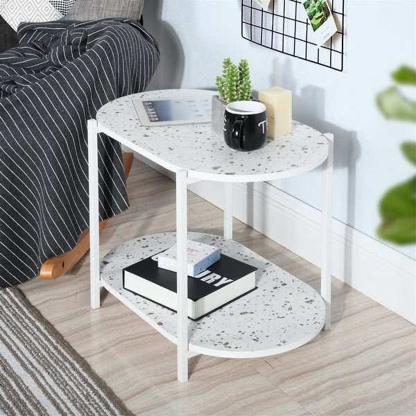 2-Tiers Sofa Table End Table Coffee Tea Oval Nightstand Marble Table