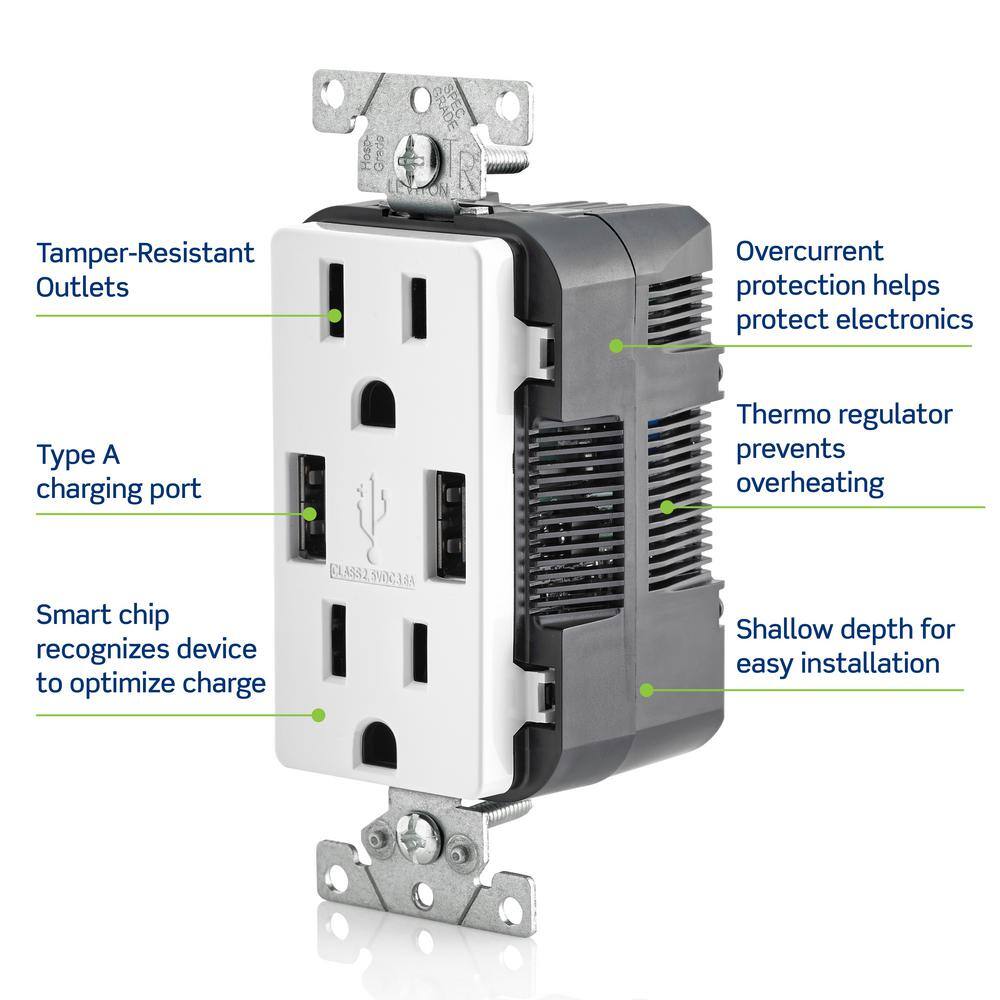 Leviton 3.6A USB Dual Type A In-Wall Charger with 15 Amp Tamper-Resistant Outlets Brown R06-T5632-0BB