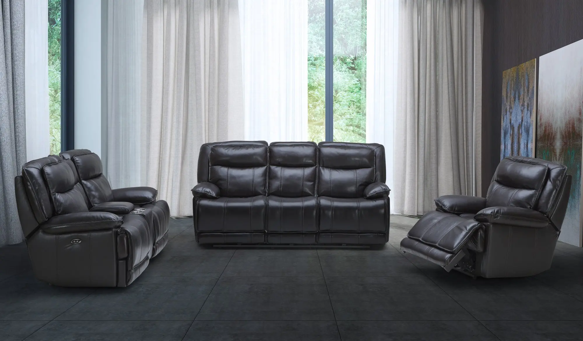 Triple Play Black Leather-Match Power Triple Reclining Sofa