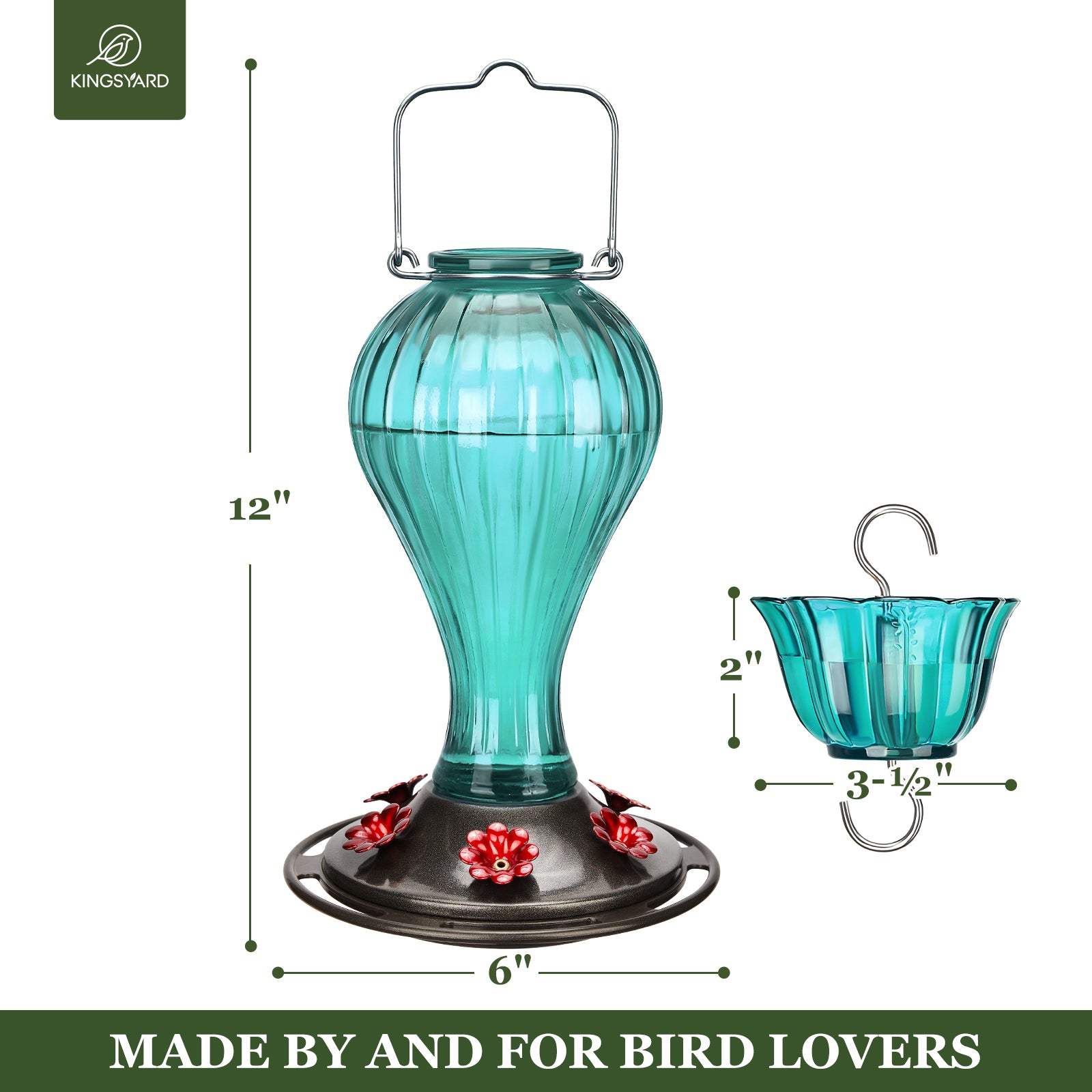 Kingsyard Glass Hummingbird Feeder 24 Ounces， 6 Feeding Ports， Hanging Bird Nectar Feeder for Outdoors Garden Yard Décor， Ant Moat Included， Turquoise