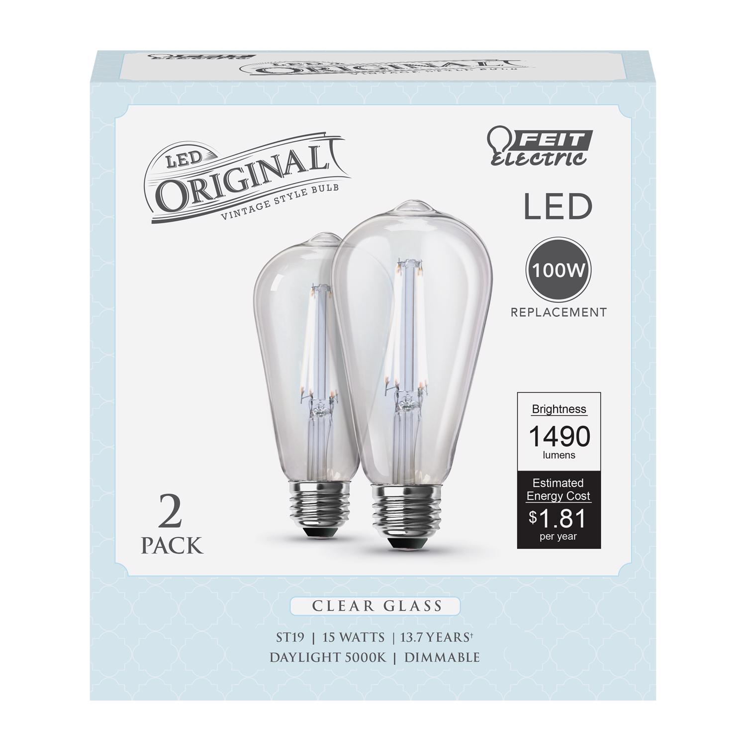 Feit LED Filament ST19 E26 (Medium) Filament LED Bulb Daylight 100 Watt Equivalence 2 pk