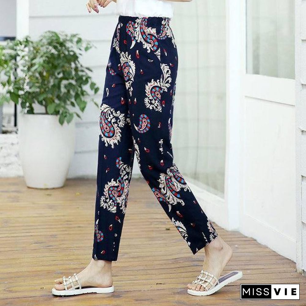 22 Colors Women Summer Casual Pencil Pants XL-5XL Plus Size High Waist Pants Printed Elastic Waist Middle Aged Women Pants