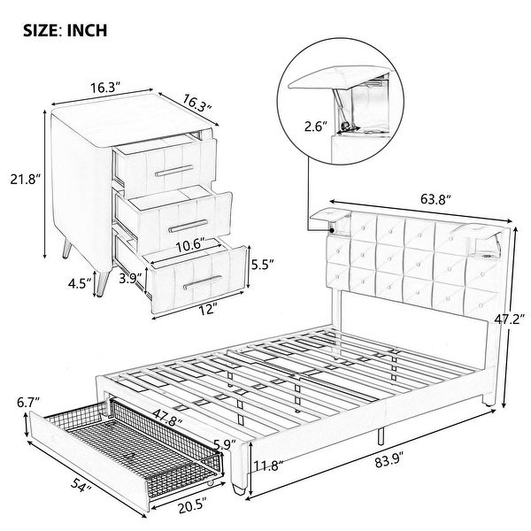 3-Pieces Bedroom Sets， Queen Size Upholstered Platform Bed with Two Wireless Chargers and Storage Drawer， Two Nightstands - - 38053325