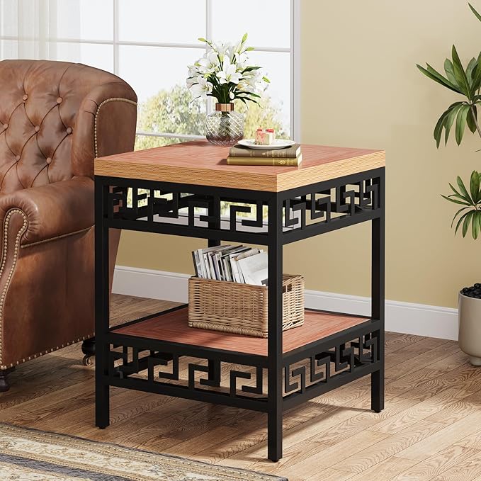 2-Tier End Table, Wood Sofa Side Table with Metal Carving