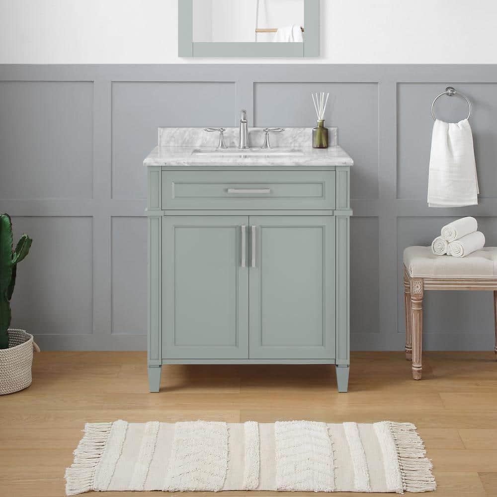 Home Decorators Collection Caville 30 in W x 22 in D x 345 in H Bath Vanity in Sage Green with Carrara Marble Top