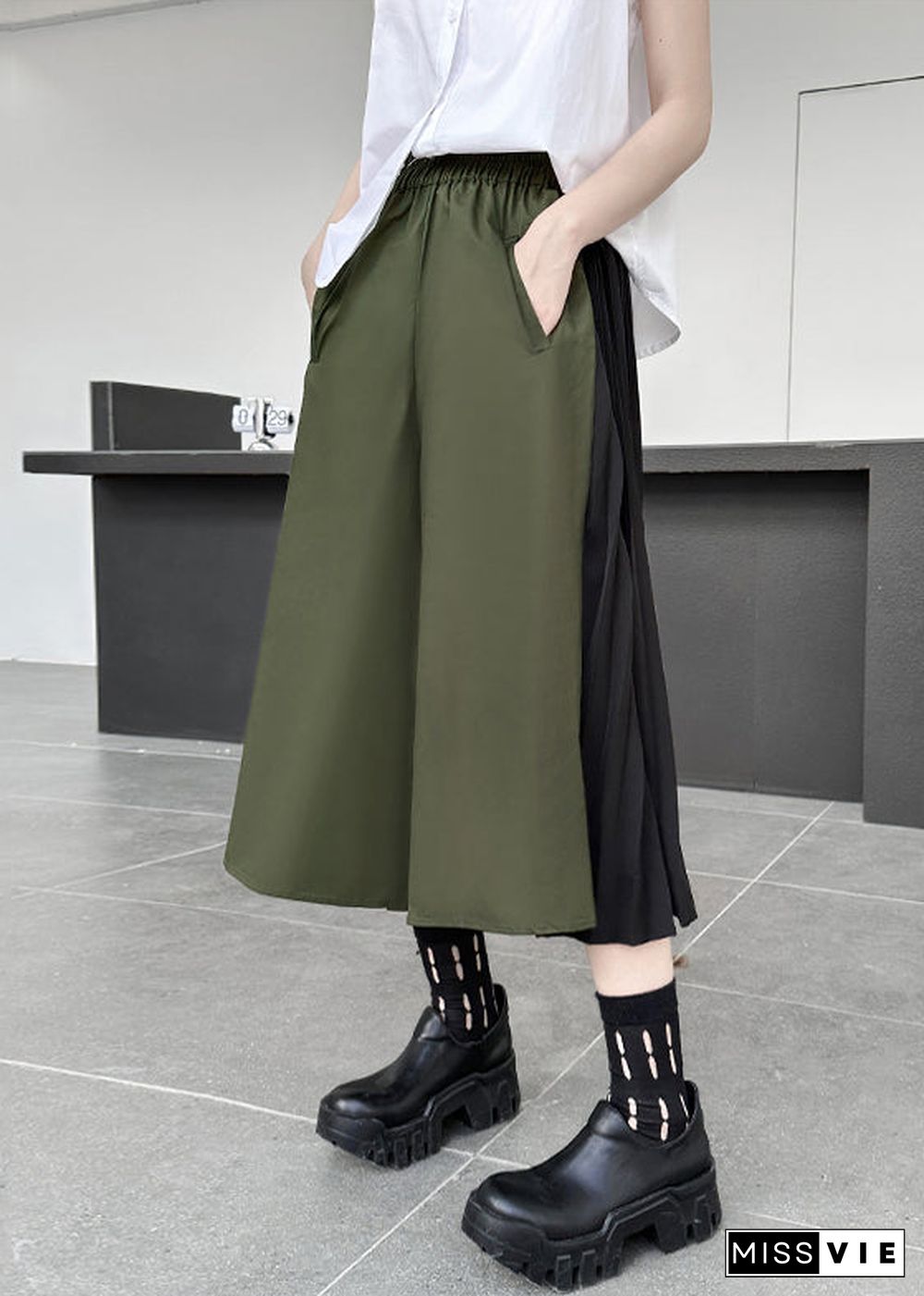 Loose Army Green Pockets Wrinkled Patchwork Cotton Pants Skirt Fall