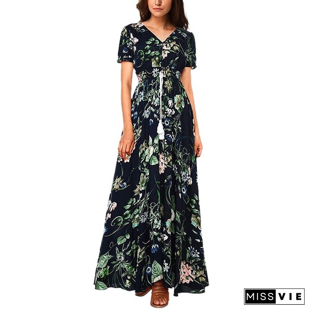 Fashion Bohemian Dress Womens V Neck Floral Print Big Swing Long Dress