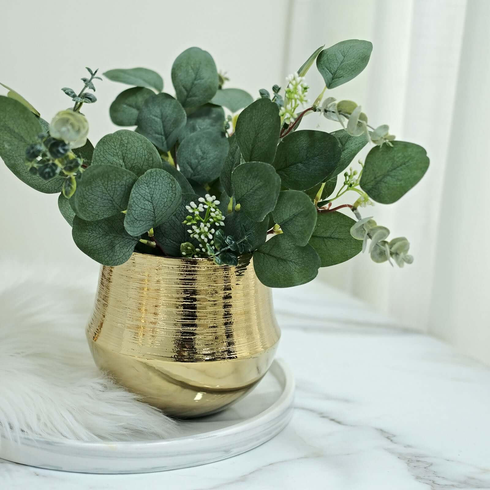 2 Pack Gold Textured Round Ceramic Flower Plant Pots, Cylindrical Bell Shaped Metallic Gold Brushed Planter Pot 6