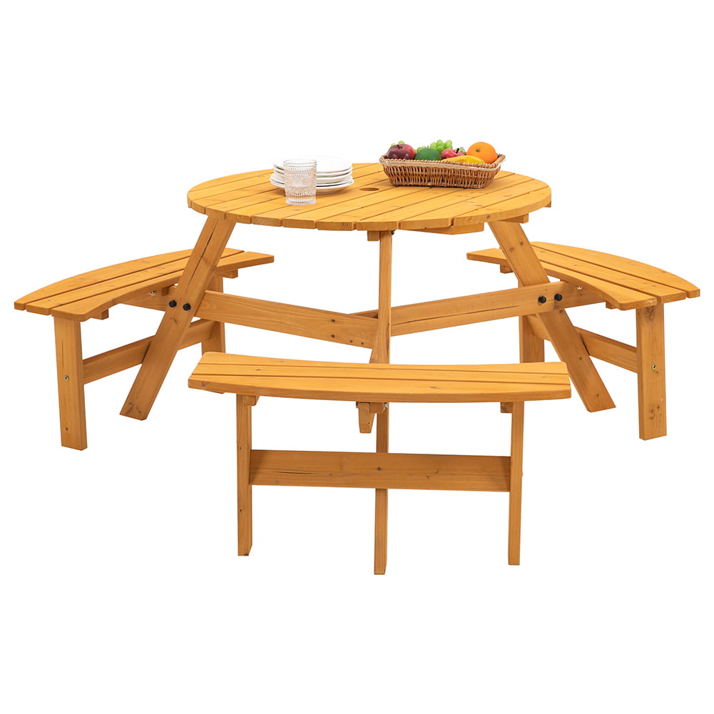 Hommoo 6-Person Circular Picnic Table Bench Set， Outdoor Wood Picnic Table for Patio， Mid Century Picnic Table with 3 Built-in Benches， Natural