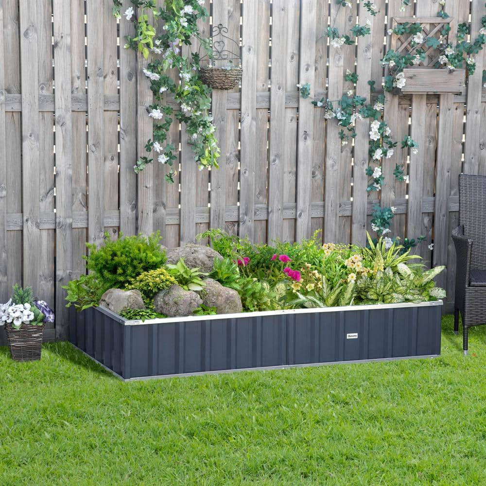 Outsunny 69 in. x 36 in.Dark Grey Metal Raised Garden Bed， DIY Large Steel Planter Box 845-674CG