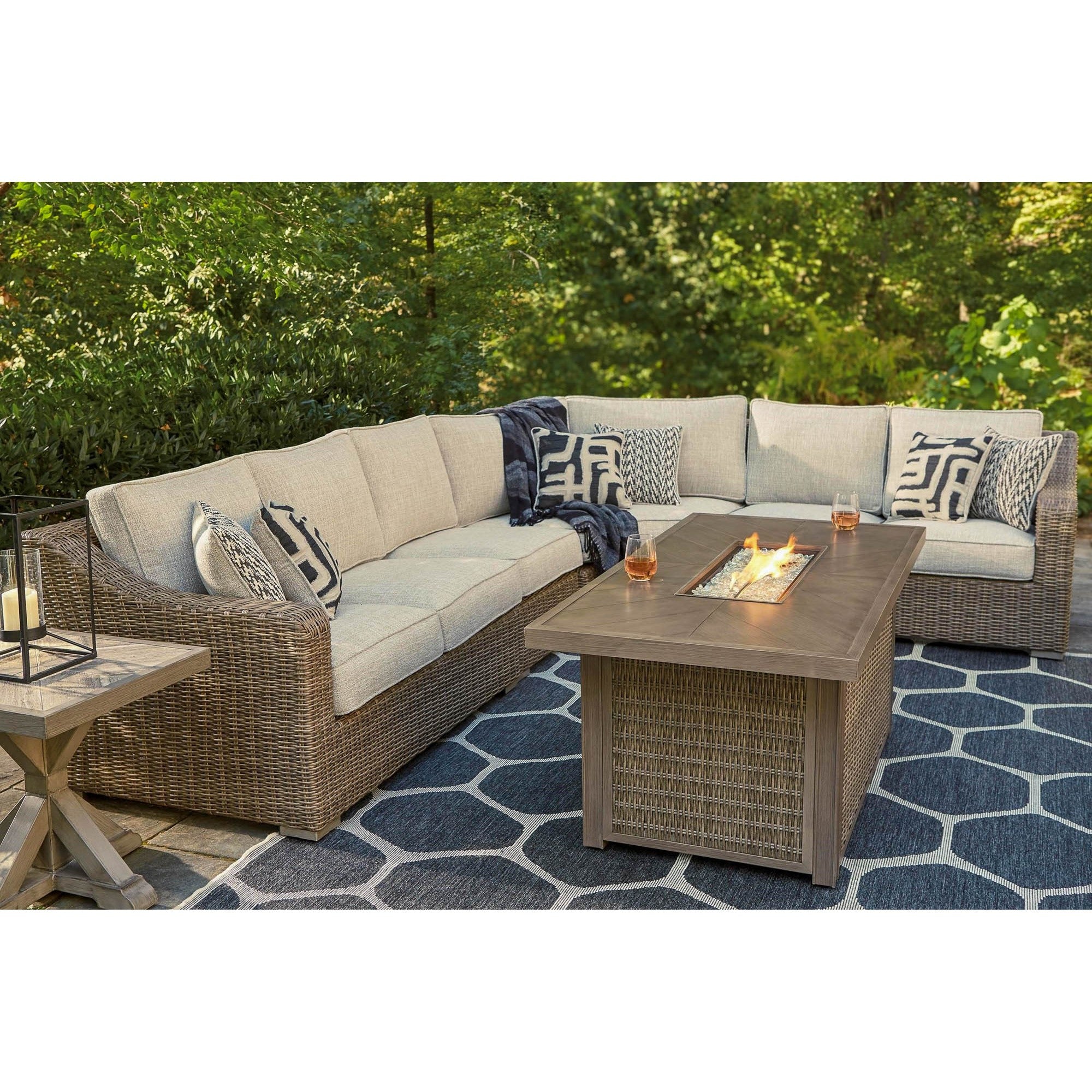 Fire Island Mist 4pc Outdoor Sectional + Firepit Set