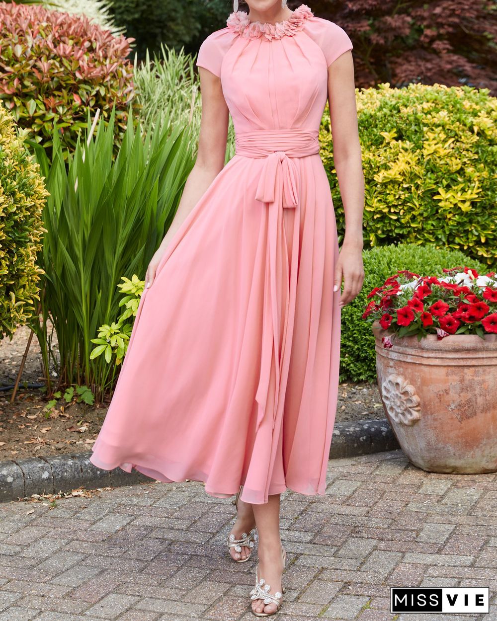 Elegant chiffon lace-up midi dress