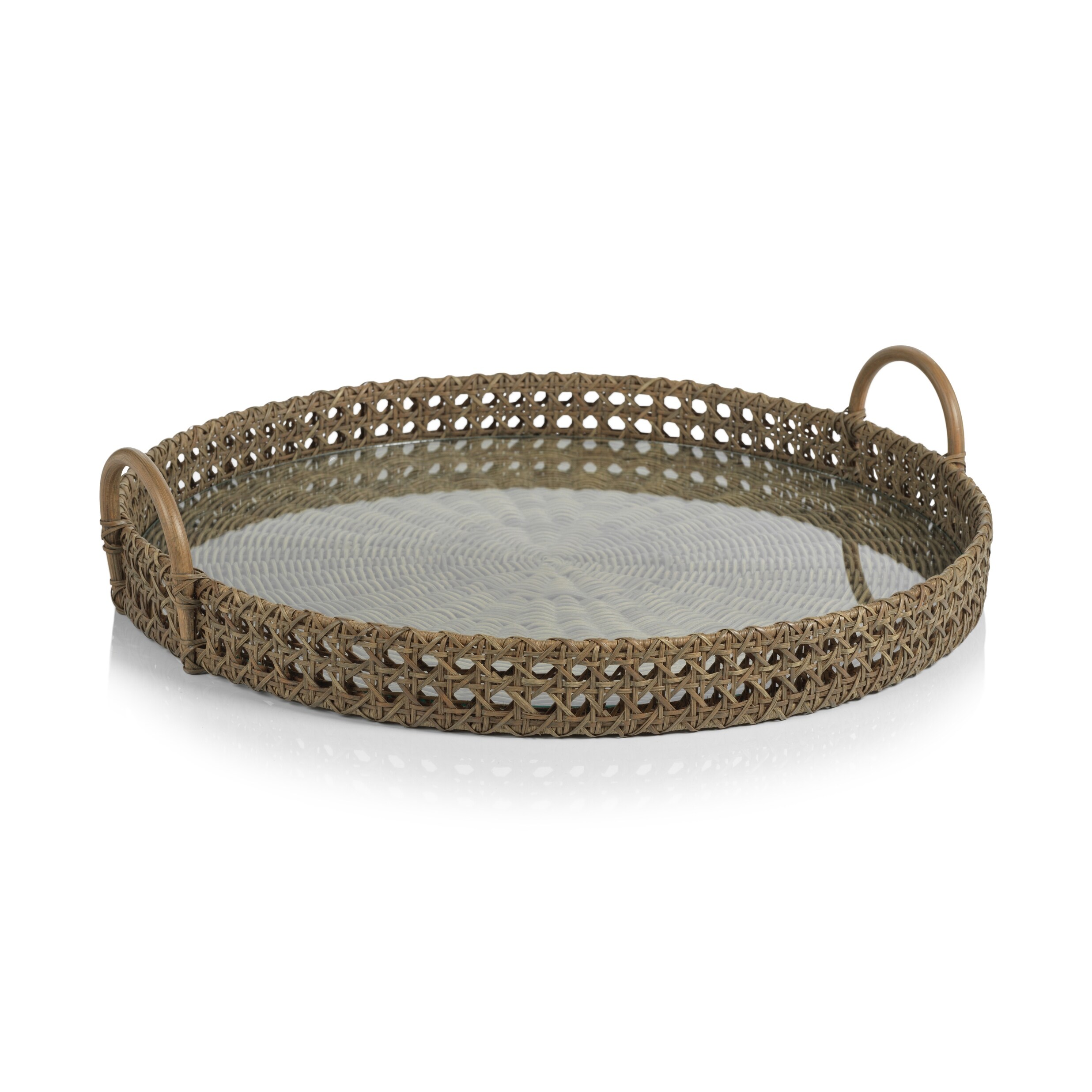 Zadar Round Open Weave Rattan Tray with Clear Glass - 24