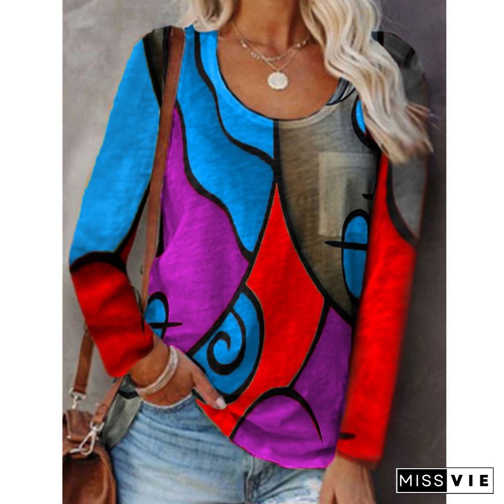 NEW Women's Fashion Long Sleeve Stitching Round Neck Printing Blouse Ladies Female Plus Size Tops