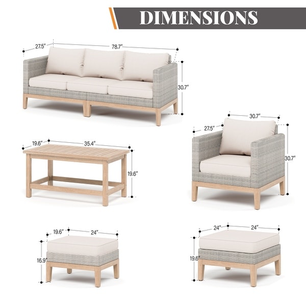 MAISON ARTS 5Piece Outdoor Rattan and Acacia Wood Sectional Sofa Set，Patio Wicker Conversation Set with Coffee Table