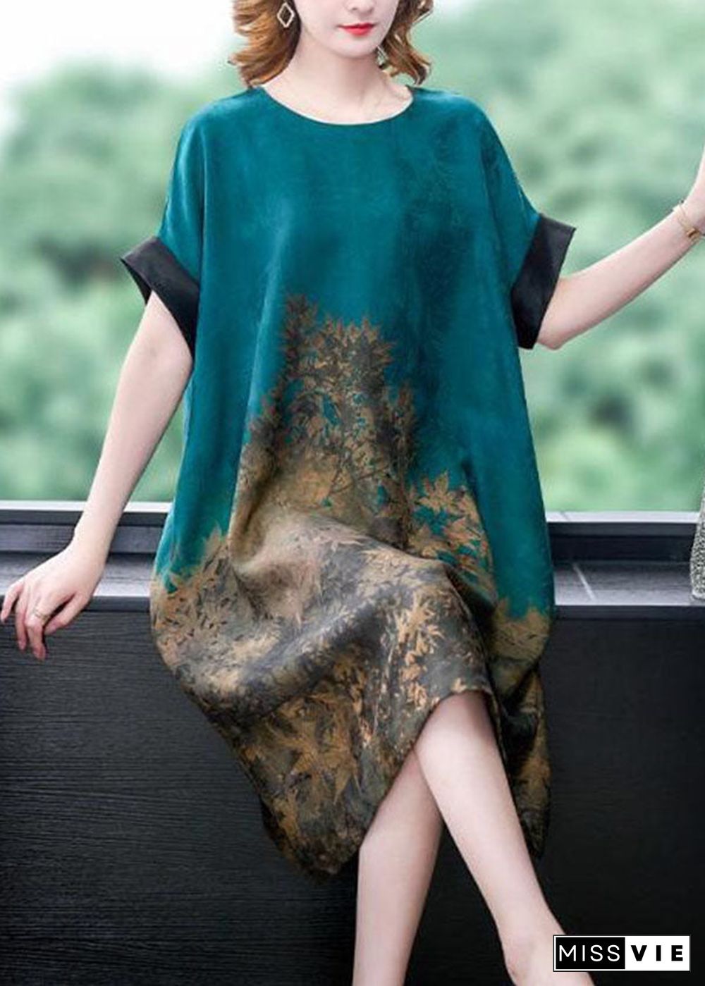 Plus Size Blue O Neck Print Patchwork Silk Dress Summer