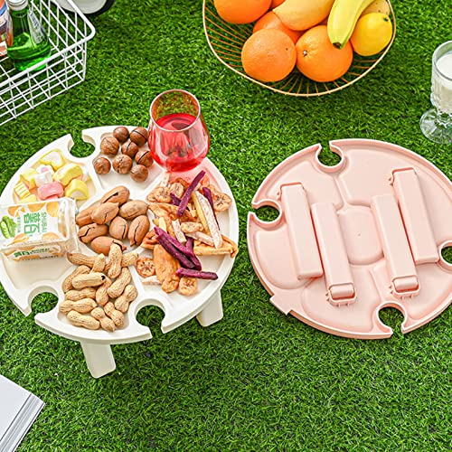 DATING Portable Picnic Table with Wine Glass Holder， Outdoor Plastic Foldable Wine Table 2 in 1 Wine Glass Rack and Snacks Dish， Creative Picnic Accessories for Outdoor Camping， Beach and Park (White)