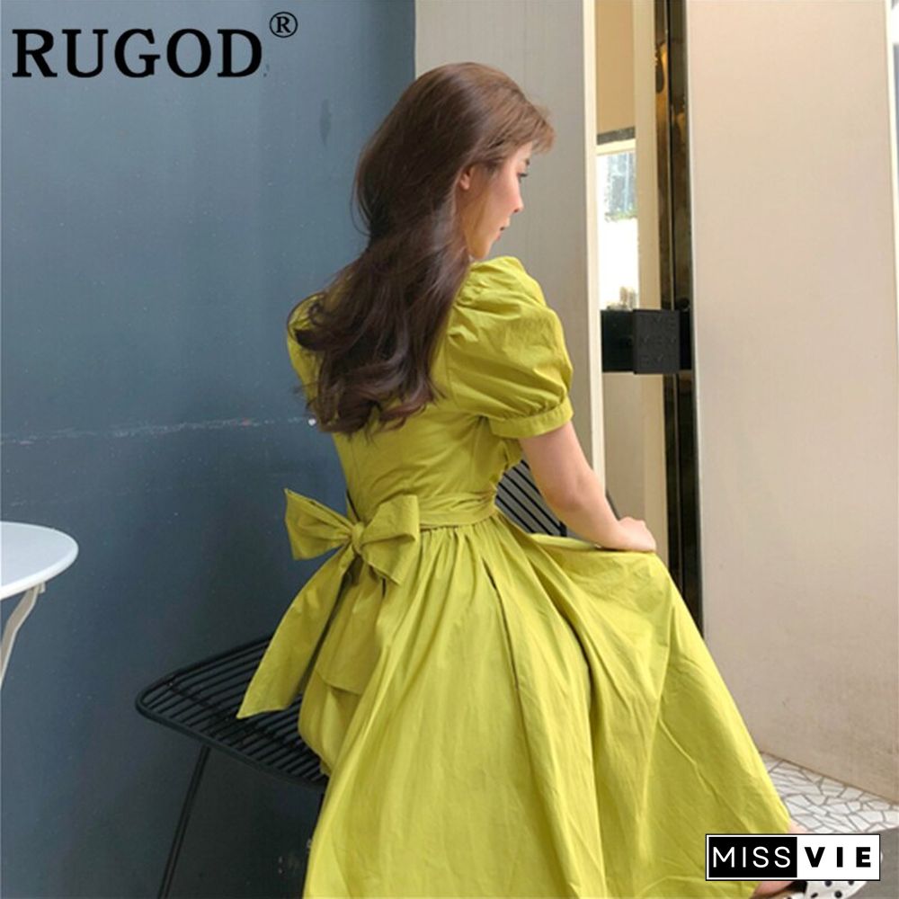 Rugod Elegant Lace-Up Belted Dress Women Fashion O-Neck Puff Sleeve Big Hem Beach Dress Fresh Color Summer Party Dress Vestidos