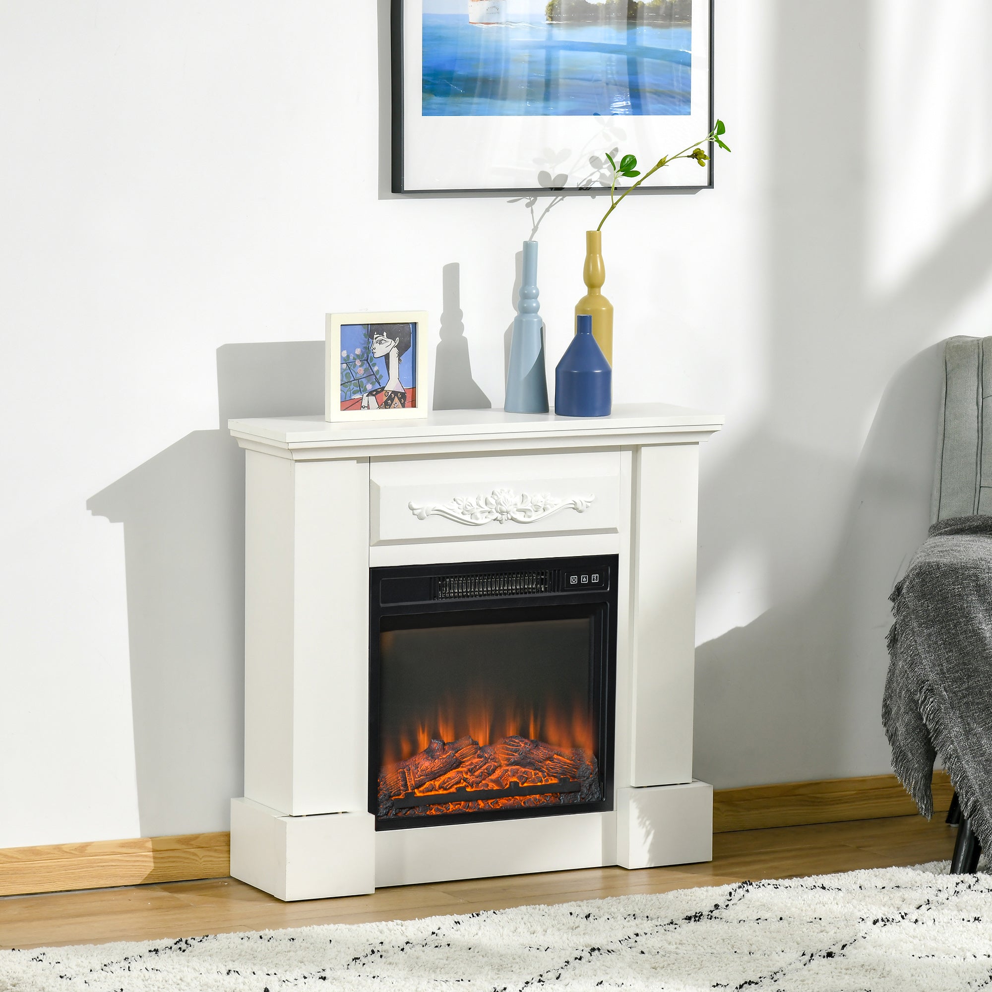 HOMCOM Electric Fireplace with Mantel, Freestanding Heater Corner Firebox with Log Hearth and Remote Control, 1400W, White