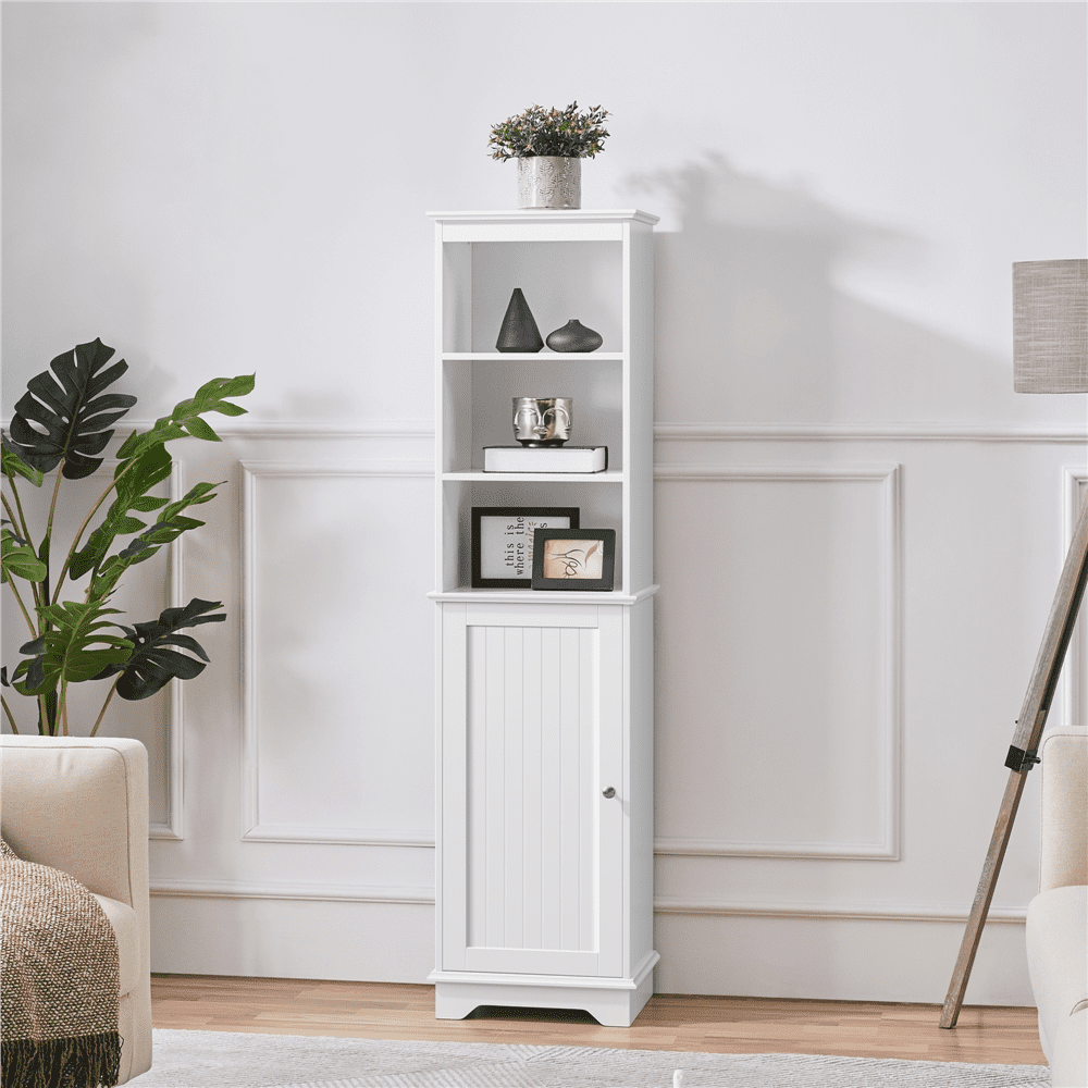 Yaheetech Tall Bathroom Floor Cabinet with Single Door and Shelves,White