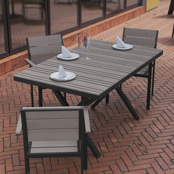 Commercial 59 x 35.5 Cross Frame Faux Teak Outdoor Patio Table