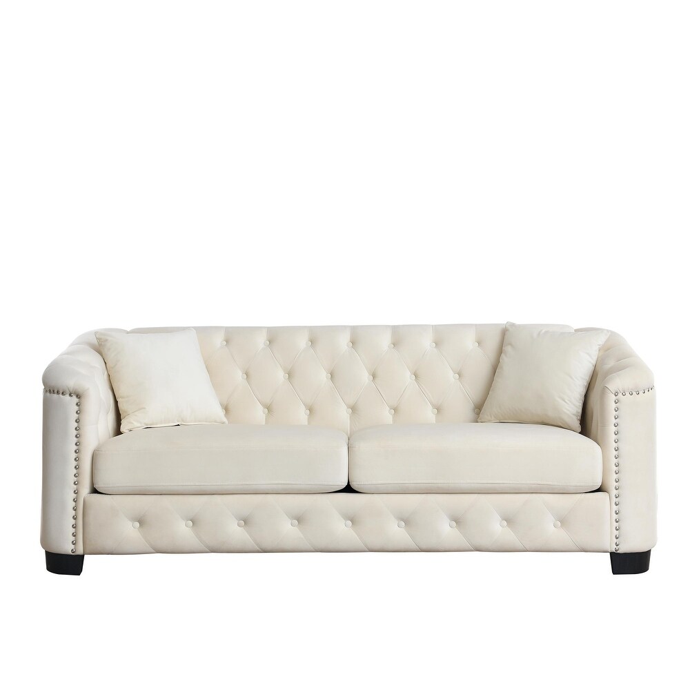 3 seat Sectional Sofa Sets Velvet Loveseat Sofa Button Tufted Lounge Sofa with Pillows and Nailhead Arms for Living Room  Beige