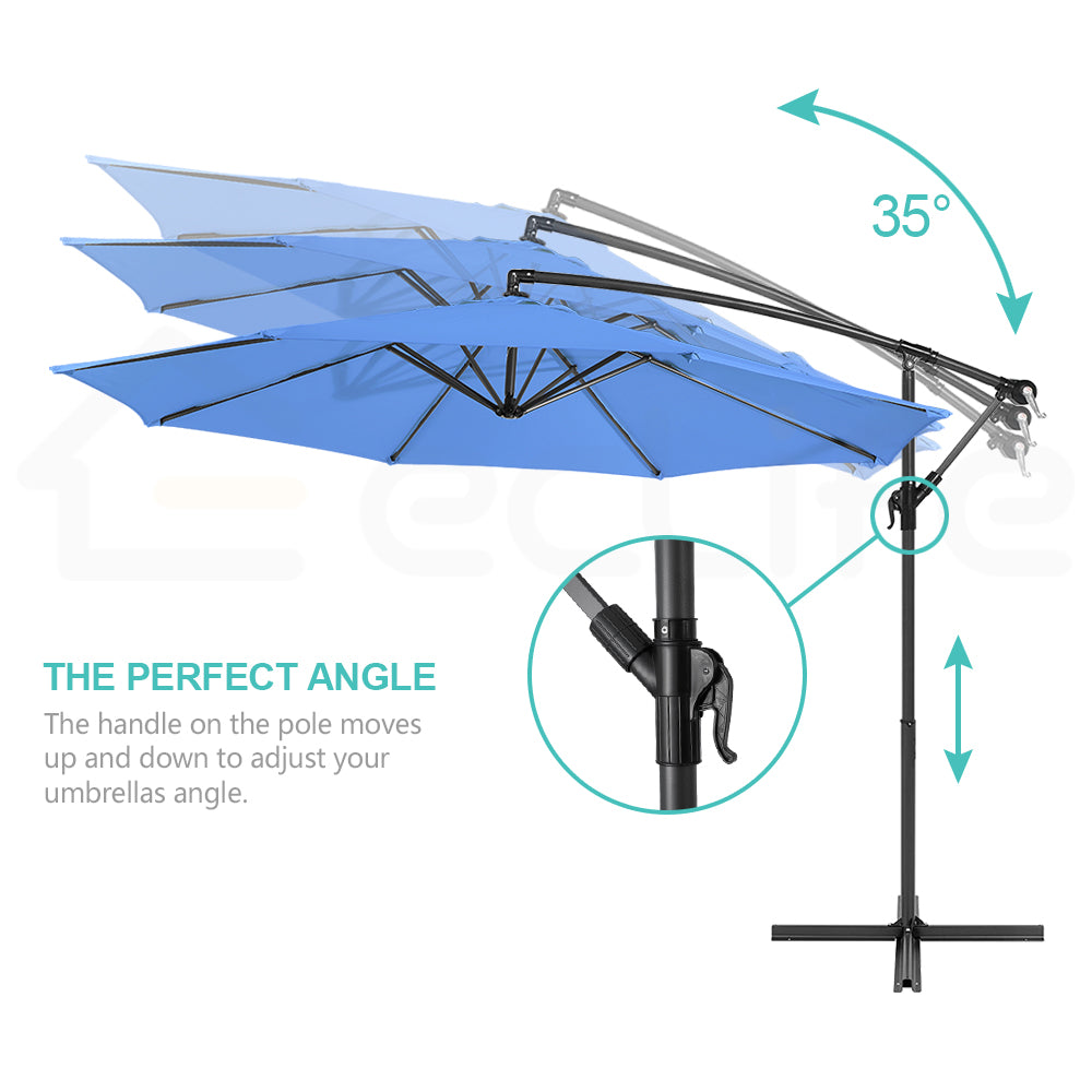 Eclife 10ft Outdoor Patio Cantilever Hanging Tilt Offset Umbrella with Vent Cross Stand 8 Ribs, Blue