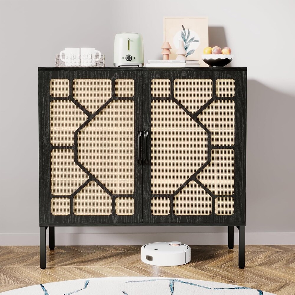 BOSSIN Rattan Storage Cabinet  Sideboard Buffet Cabinet with Handmade Natural Rattan Doors and Adjustable Shelve (Set of 1)