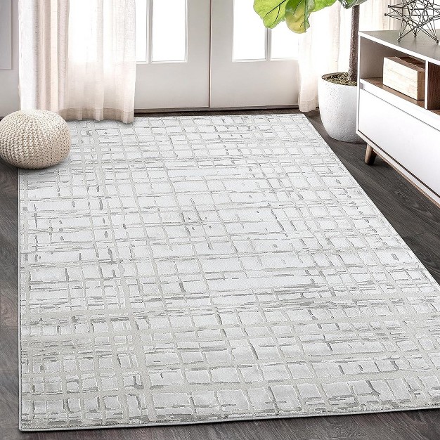 Modern Abstract Plaid Rugs Non slip Jute Backing Beige Rectangular