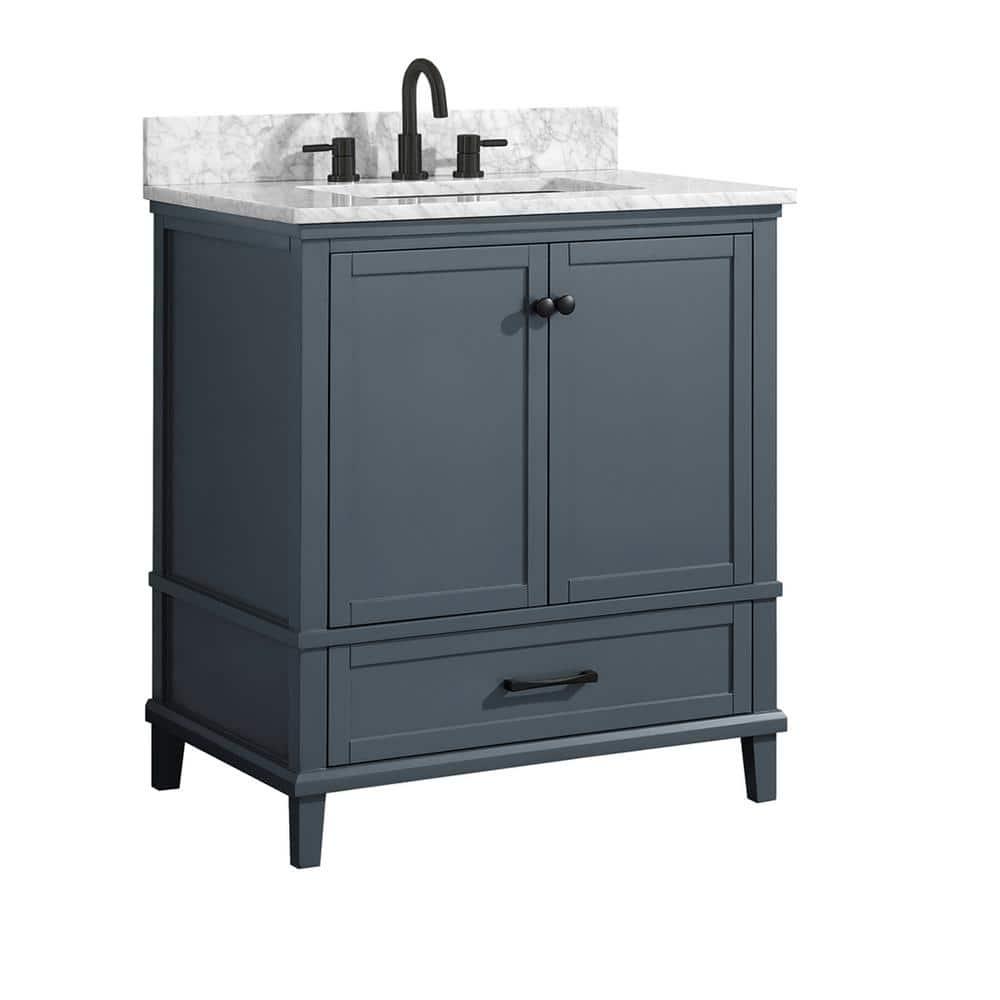 Home Decorators Collection Merryfield 31 in W x 22 in D Bath Vanity in Dark BlueGray with Marble Vanity Top in Carrara White with White Basin