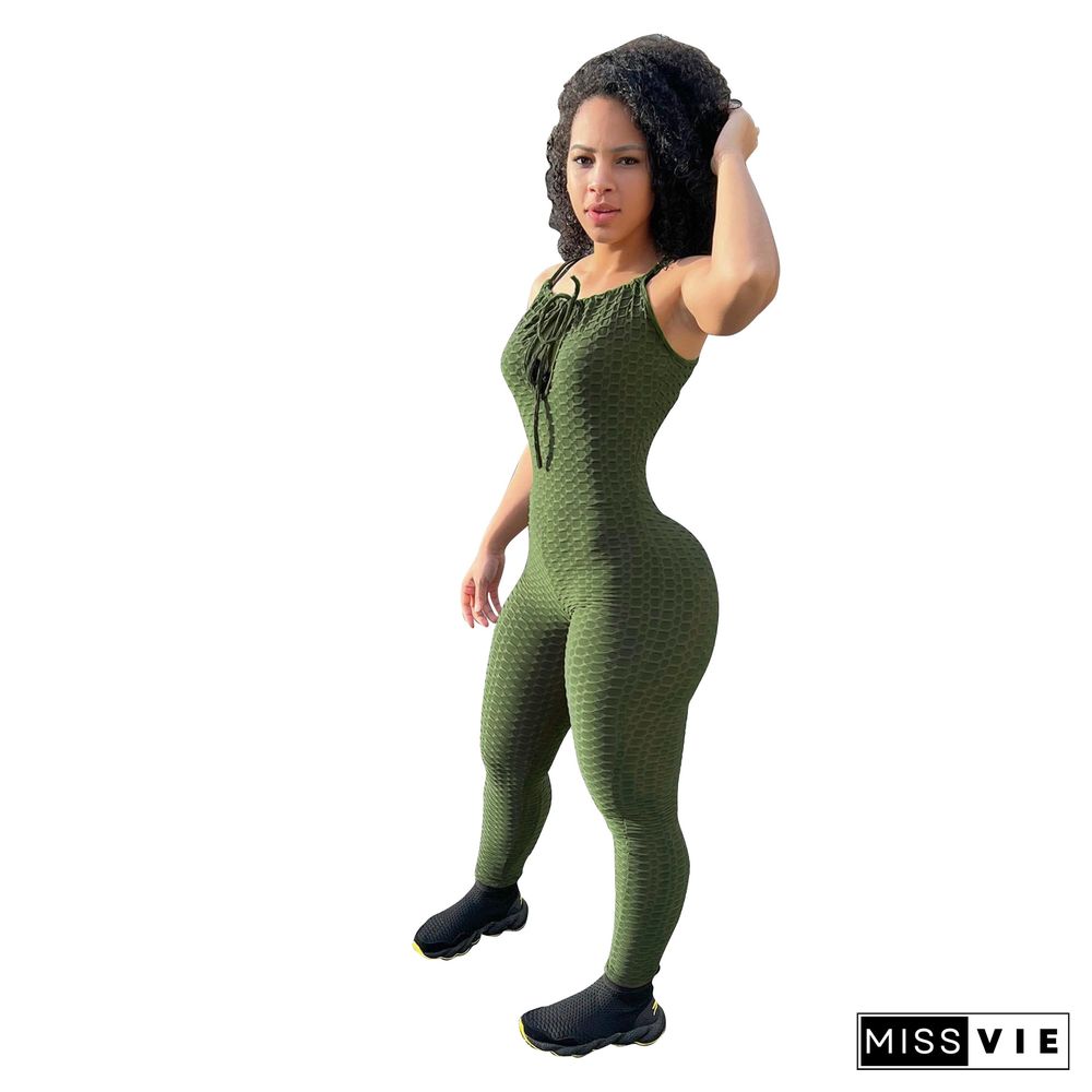 Solid Sleeveless Stretchy Fitness One Piece Jumpsuit