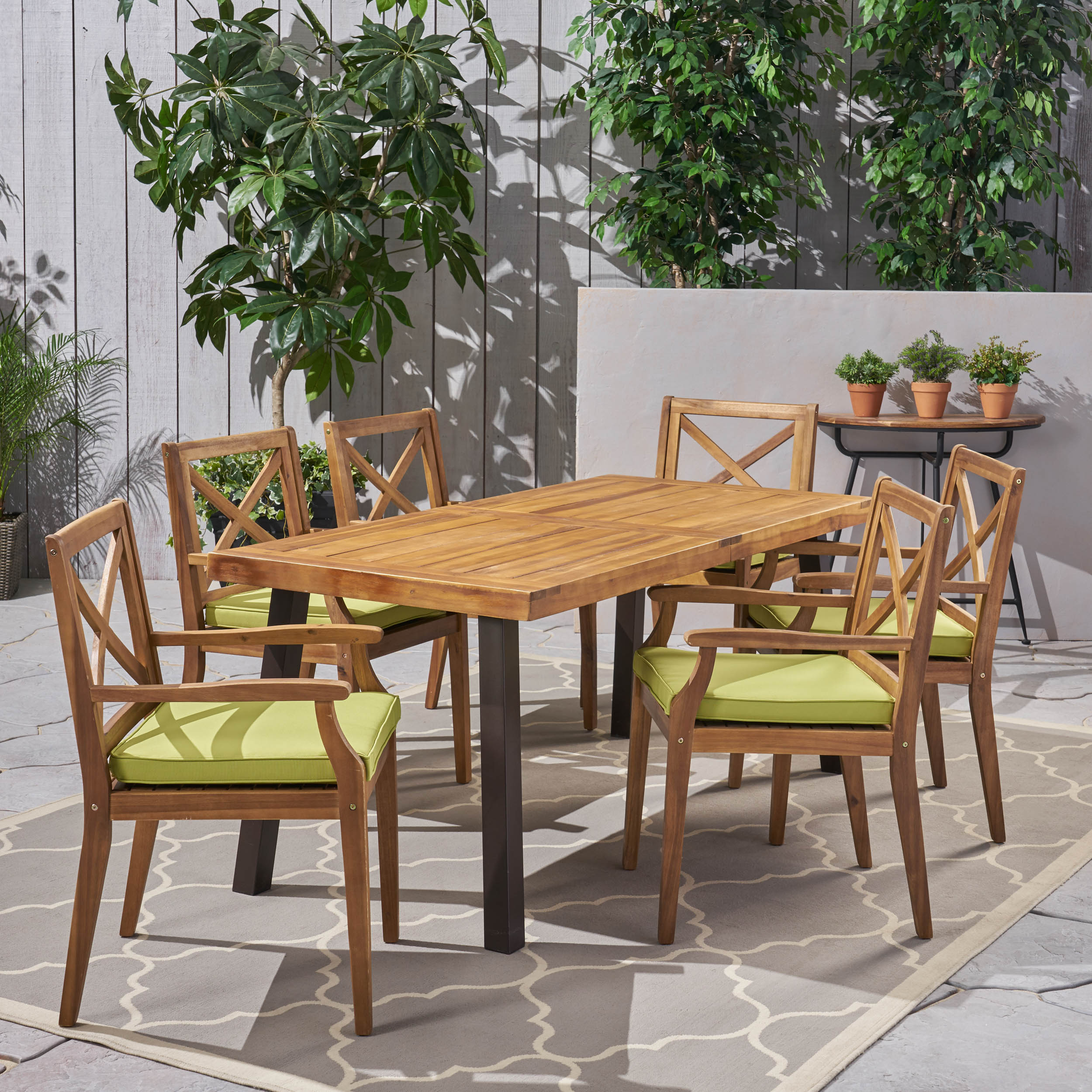 Nolan Outdoor 7-Piece Acacia Wood and Iron Dining Set