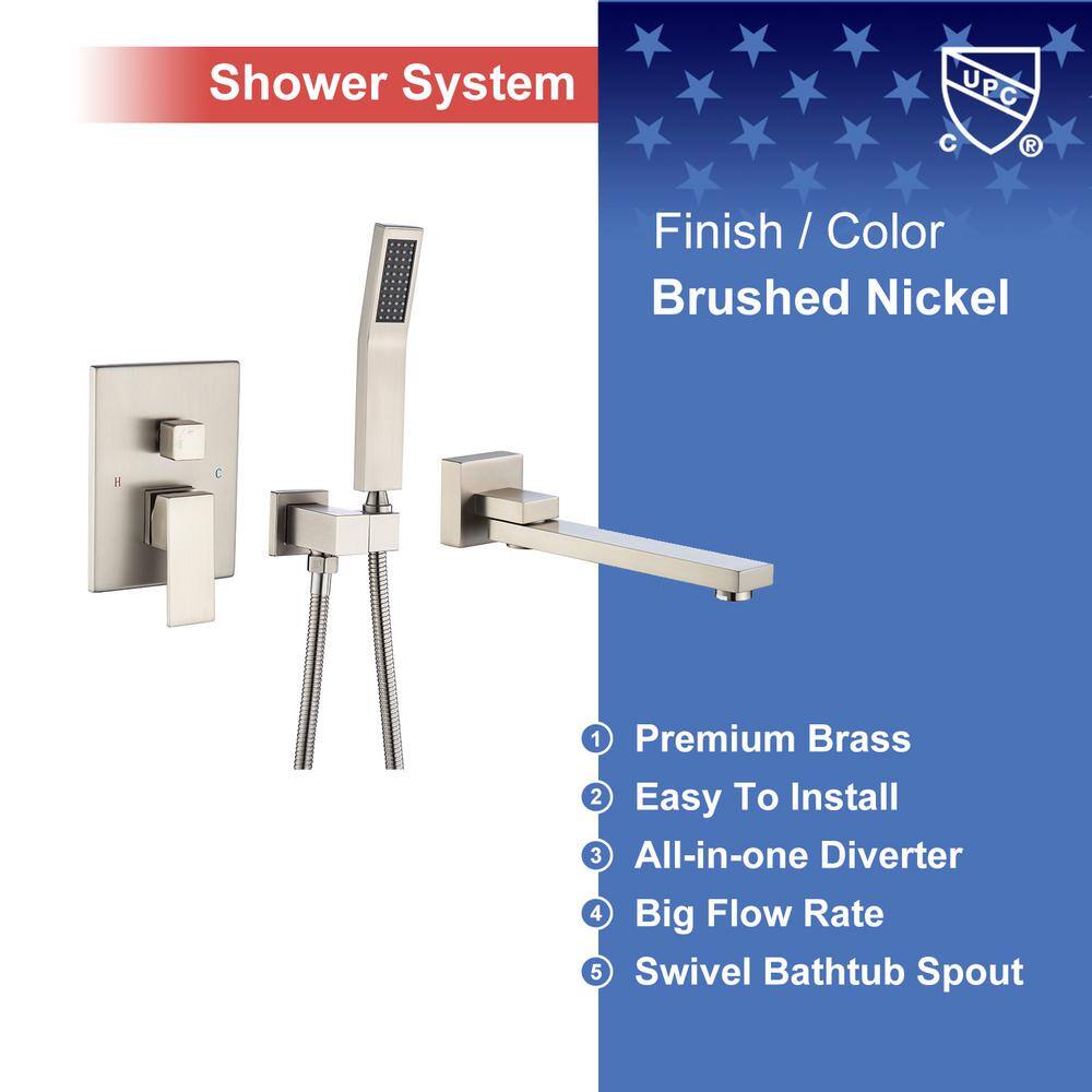 RAINLEX Square Single-Handle Wall Mount Roman Tub Faucet with Swivel Tub Spout and Rough-In Valve in Brushed Nickel W93107BN