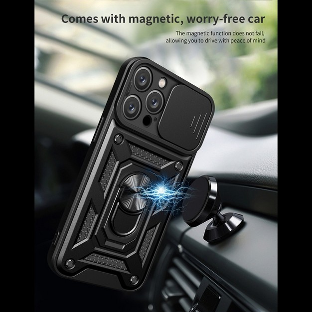 Reiko Kickstand Ring Holder With Slide Camera Cover Tpu Magnetic Car Mount For Apple Iphone 15 Pro Max In Black