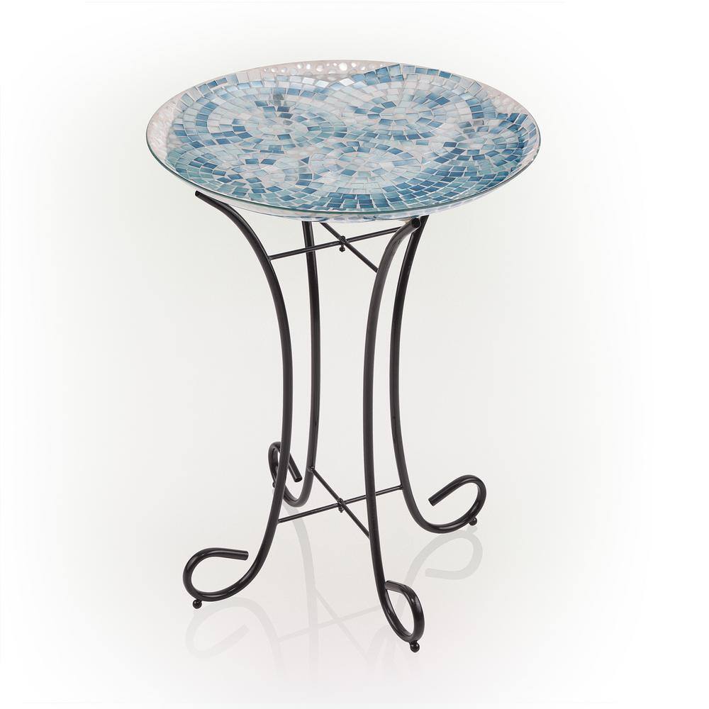 Alpine Corporation 24 in. Tall Outdoor Mosaic Style Glass Birdbath Bowl with Metal Stand， Blue HMD102A