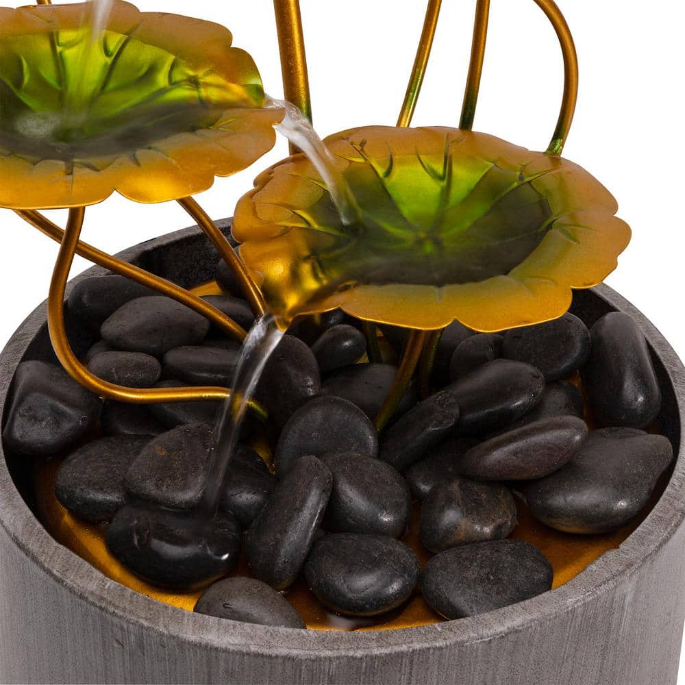 Alpine Corporation 31 in. Tall Indoor/Outdoor Multi-Tiered Lily Pads Metal Fountain with Stones CPS220