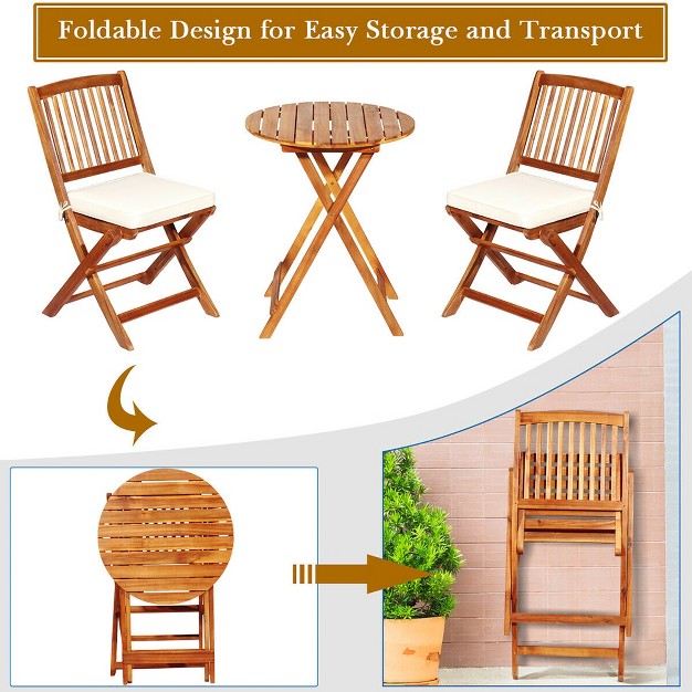 Costway 3pcs Patio Folding Wooden Bistro Set Cushioned Chair Conversation Cushion