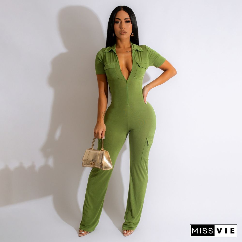 Zipper Turn Down Collar Pockets One Piece Jumpsuit