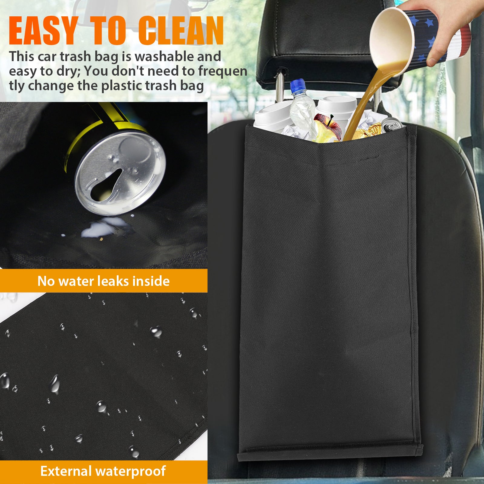 2pcs Car Trash Bags， TSV Car Garbage Can Hanging Back Seat， Washable Eco-Friendly Vehicle Garbage Bag Storage Pockets