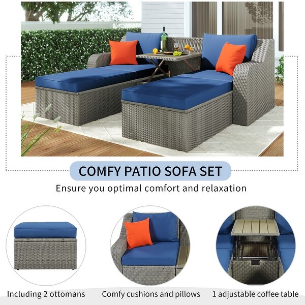 3-Piece All-Weather Wicker Patio Furniture Sofa Set with High-Density Sponge Cushions， Lift Top Coffee Table for Balcony， Garden - Overstock - 37507344