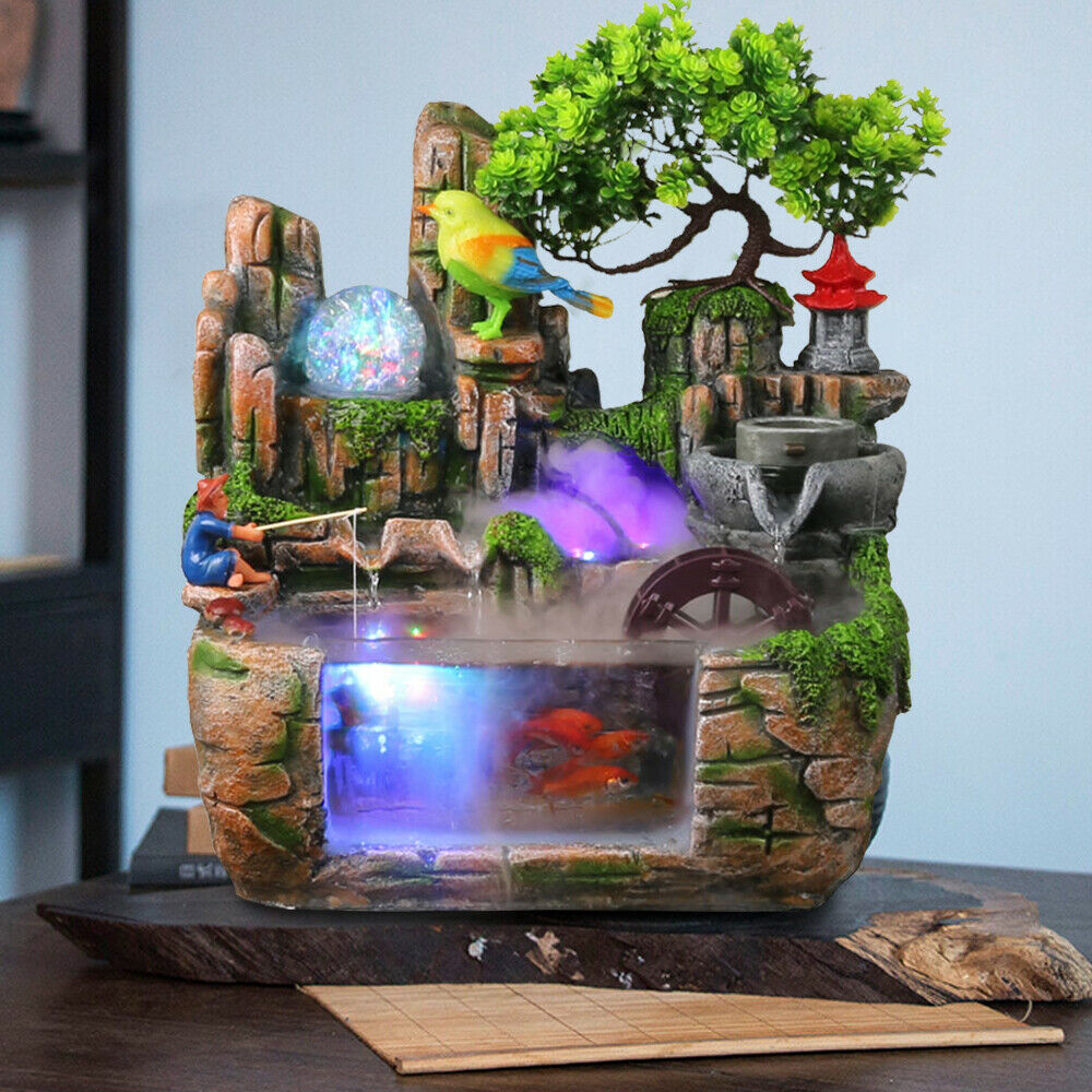 Indoor Relaxation Desktop Fountain Waterfall， Fountain Ornament Fengshu，Desktop Fountain Waterfall Decor w/Rockery Aquariums Plant for Home Office Décoration