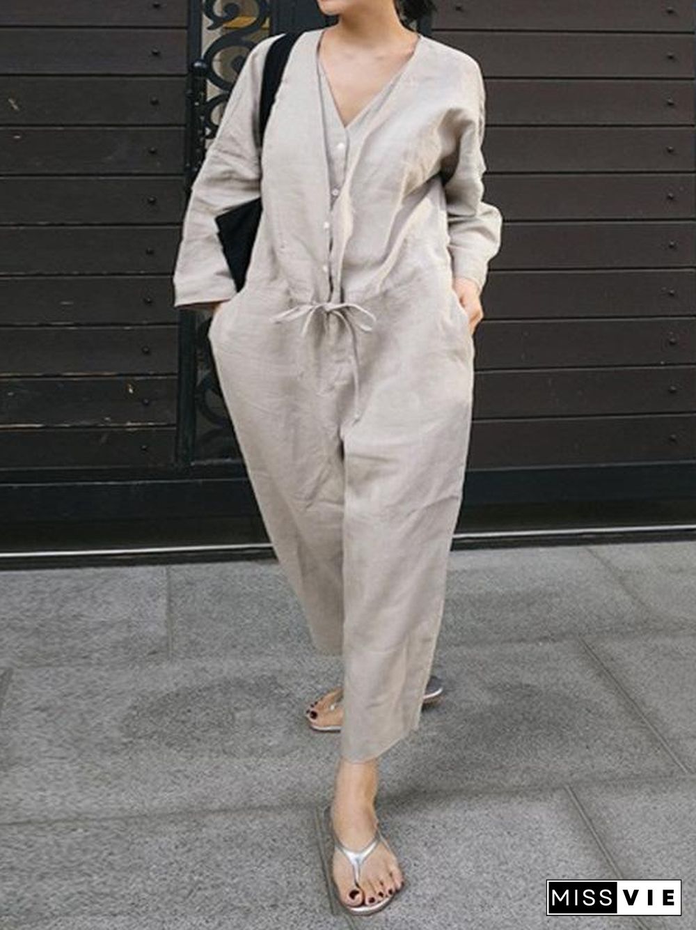 Casual Linen V-neck Jumpsuit