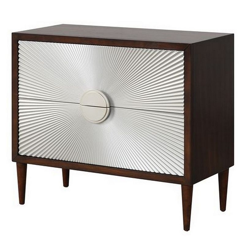 Accent Table with Sunburst Design 2 Drawer Front， Brown and White