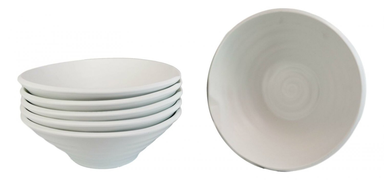 1 Set Of 6 Irregular Ridged Matte White Melamine Pasta Salad Soup Large Bowls EBR02