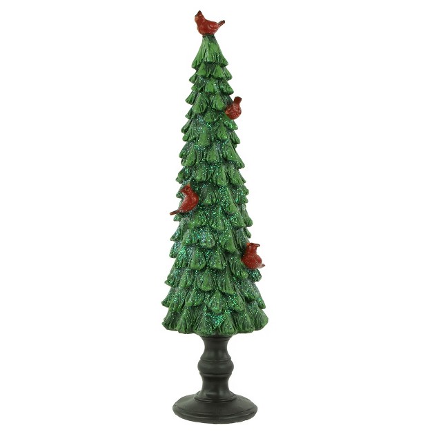 Green Glittered Christmas Tree With Red Cardinals Decoration