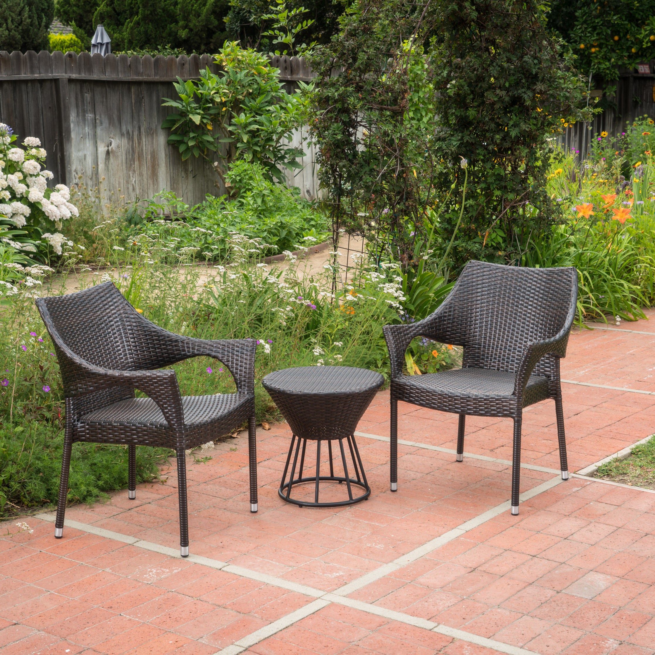 Alfheimr Outdoor 3 Piece Multi-brown Wicker Stacking Chair Chat Set