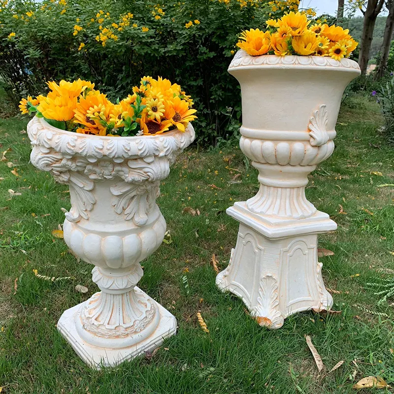 European Outdoor Resin Large Flower Pot Garden Decor Supplies 3D Luxury Carving Roman Columns Floor Vase Ornament